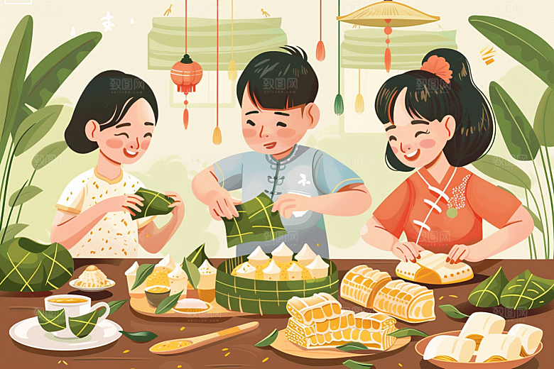 端午包粽子阖家团聚幸福插画