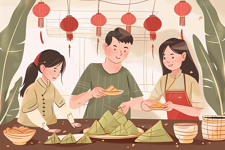 端午包粽子粽叶幸福插画