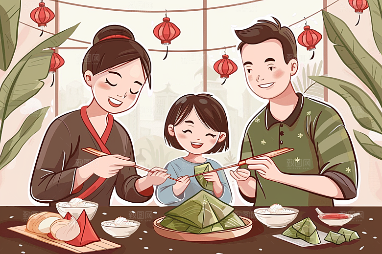 端午包粽子温馨美食插画