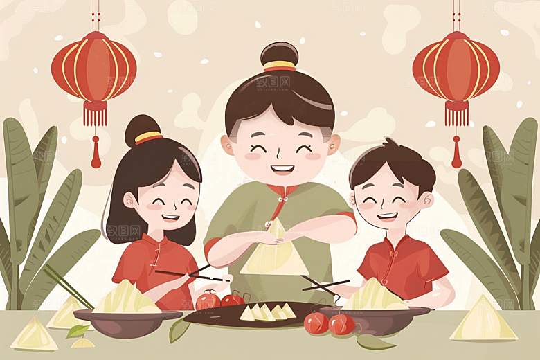 端午包粽子粽叶手绘插画