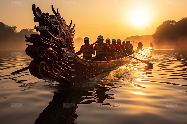 端午划龙舟船队激烈摄影图