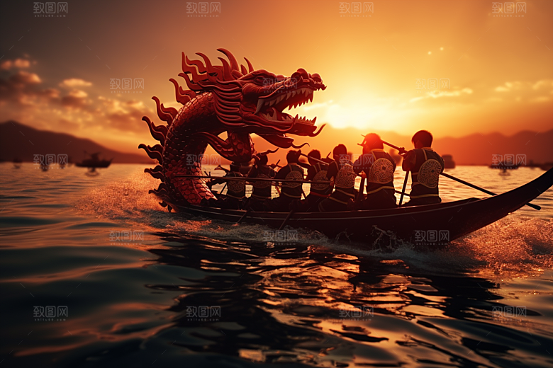 端午划龙舟划船激烈摄影图