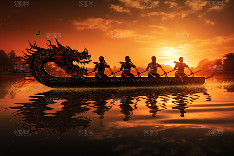 端午划龙舟船队庆祝摄影图