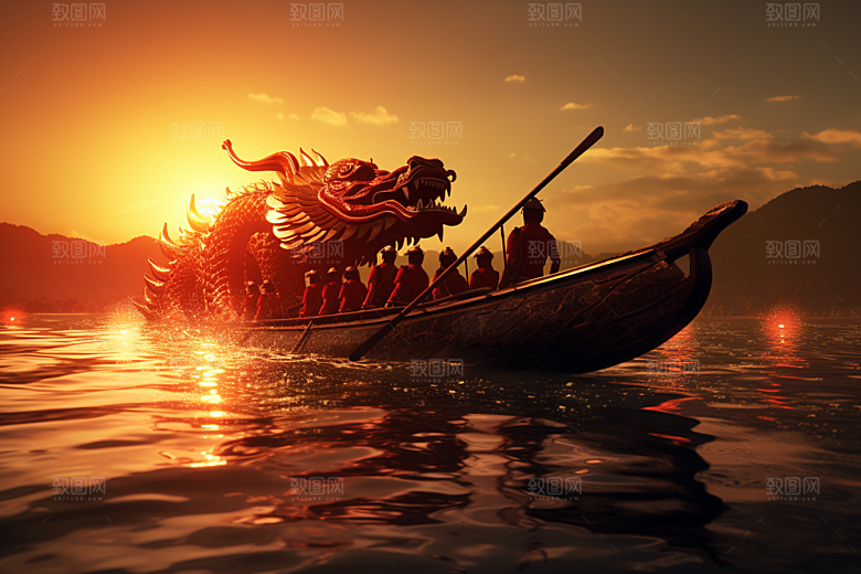 端午划龙舟激烈划船摄影图