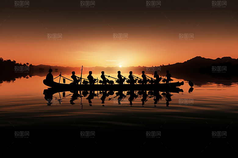 端午划龙舟船队比赛摄影图