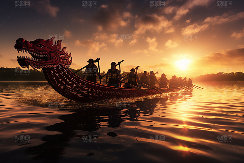 端午划龙舟激烈选手摄影图