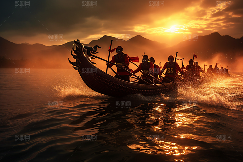 端午划龙舟选手激烈摄影图