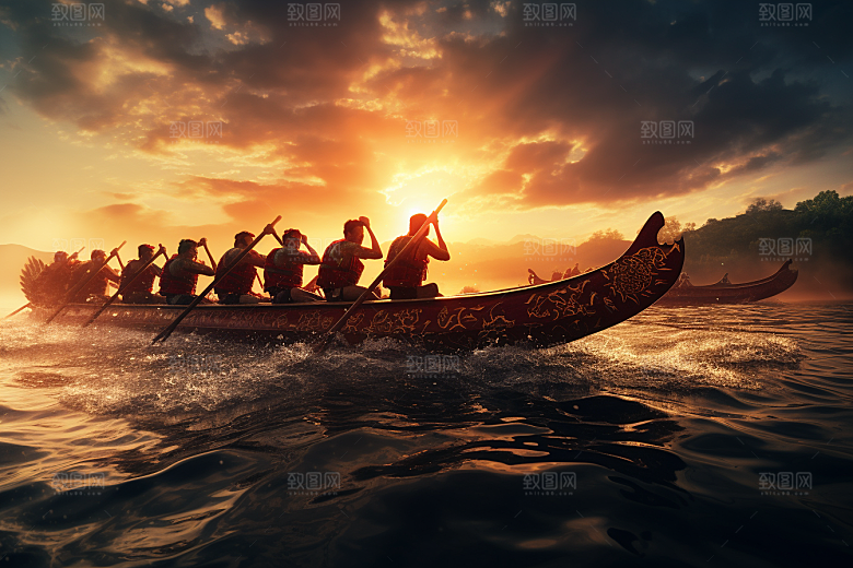 端午划龙舟船队选手摄影图