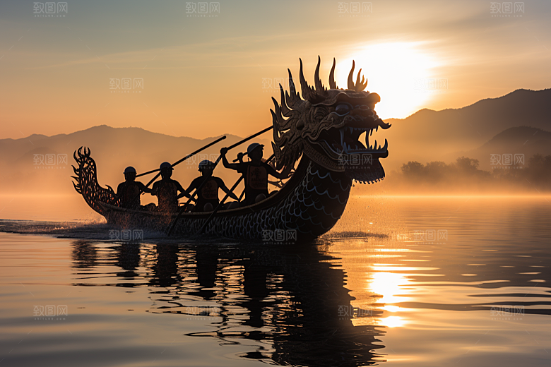 端午划龙舟水上运动激烈摄影图