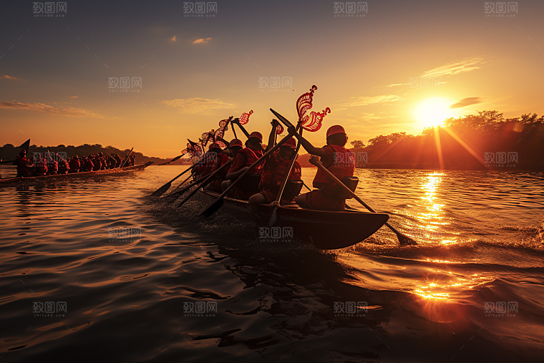 端午划龙舟水上运动激烈摄影图