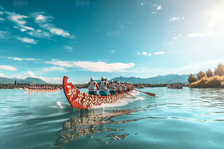 端午划龙舟团体活动船队摄影图