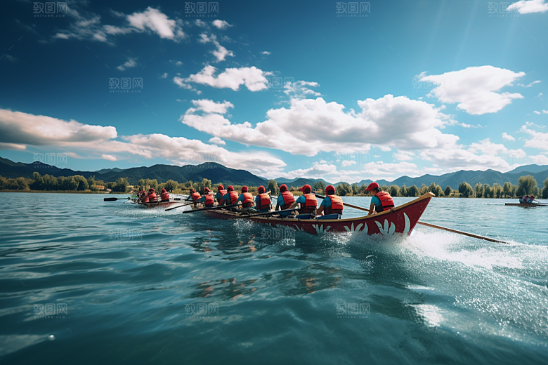 端午划龙舟选手竞技摄影图