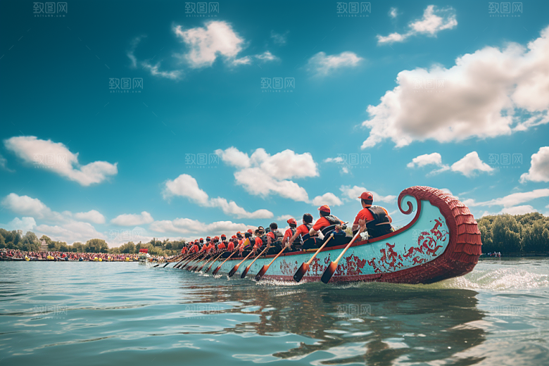端午划龙舟激烈竞技摄影图