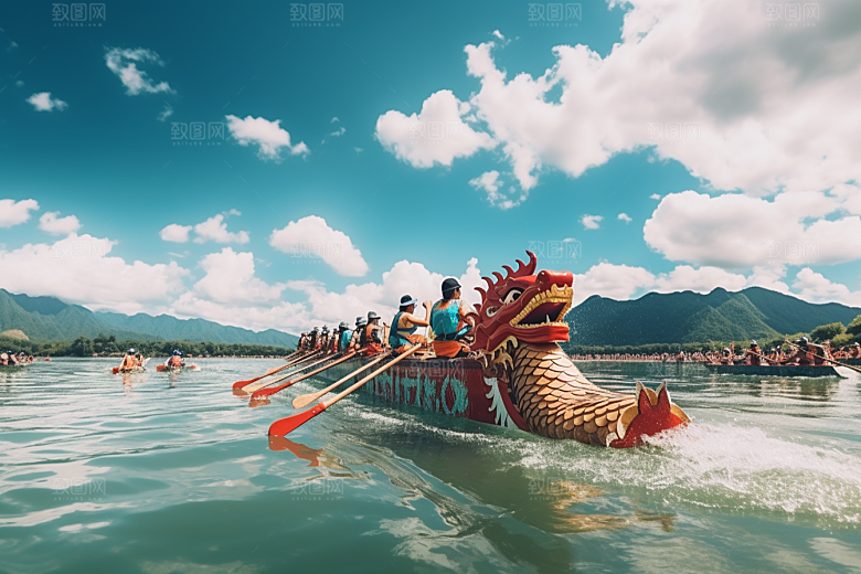 端午划龙舟激烈庆祝摄影图