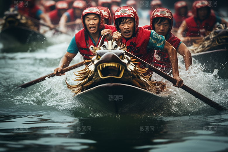 端午划龙舟船队水上运动摄影图