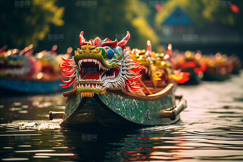 端午划龙舟竞技船队摄影图