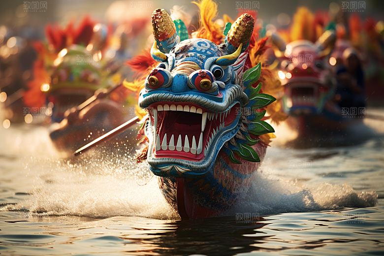 端午划龙舟激烈庆祝摄影图