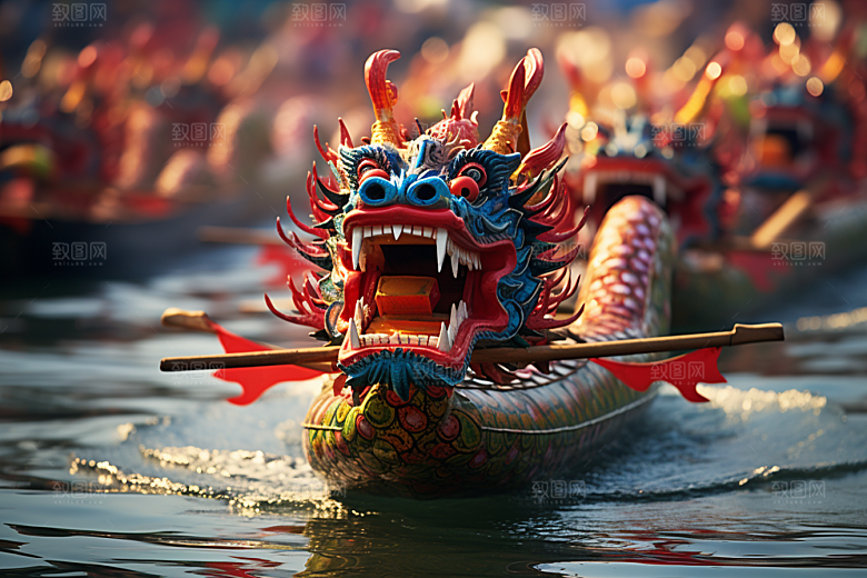 端午划龙舟船队竞技摄影图