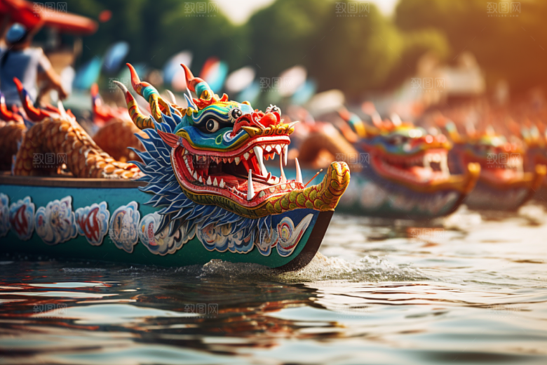 端午划龙舟激烈竞技摄影图