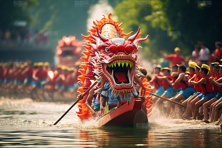 端午划龙舟船队划船摄影图