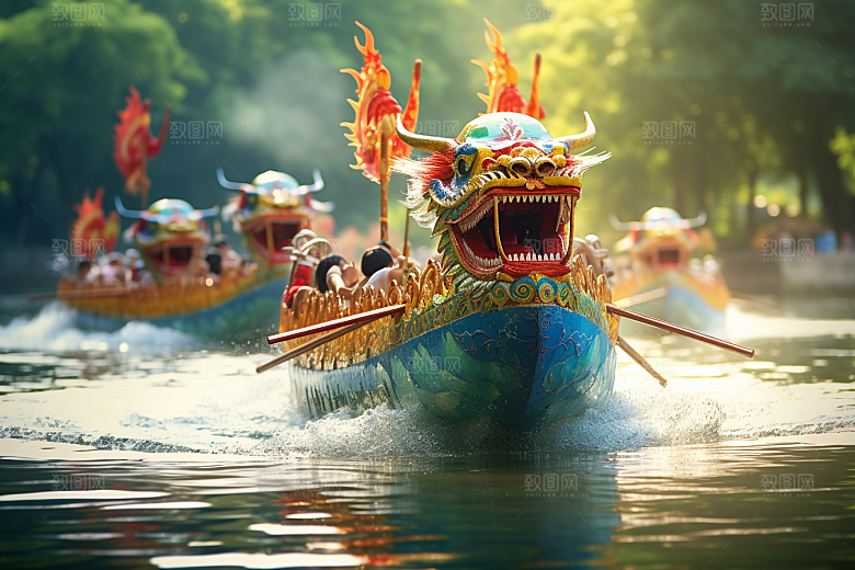 端午划龙舟激烈水上运动摄影图