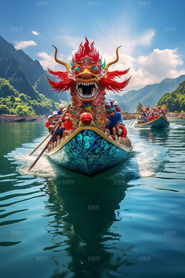 端午划龙舟划船水上运动摄影图