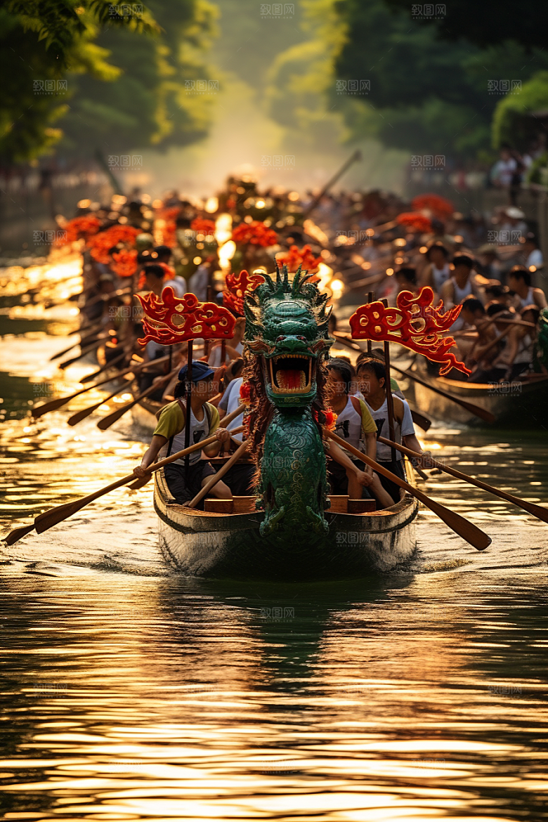 端午划龙舟激烈团体活动摄影图