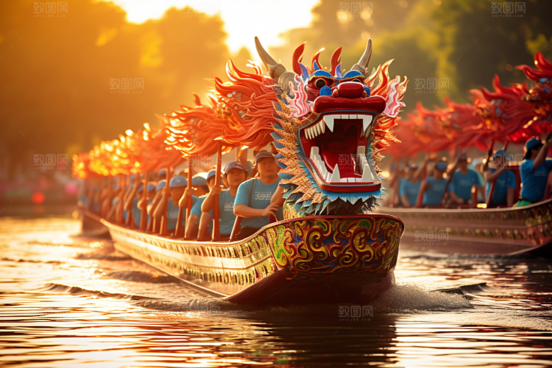 端午划龙舟船队激烈摄影图