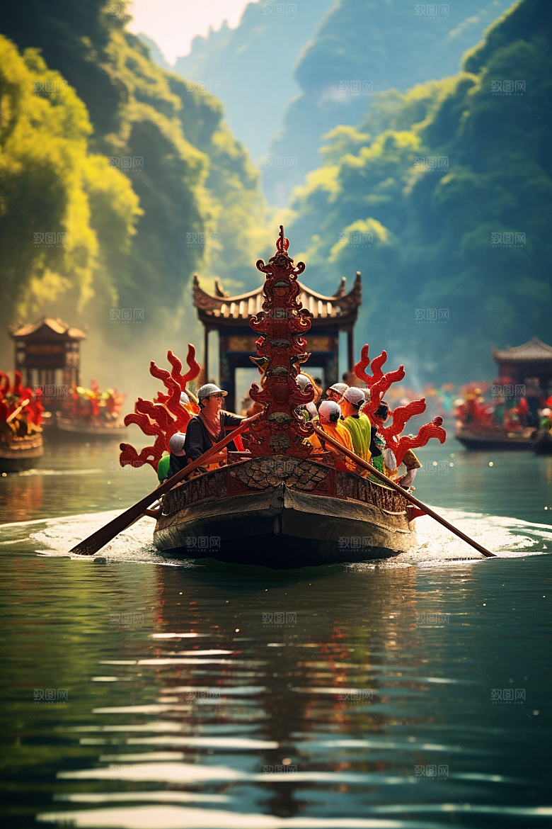 端午划龙舟船队节日摄影图