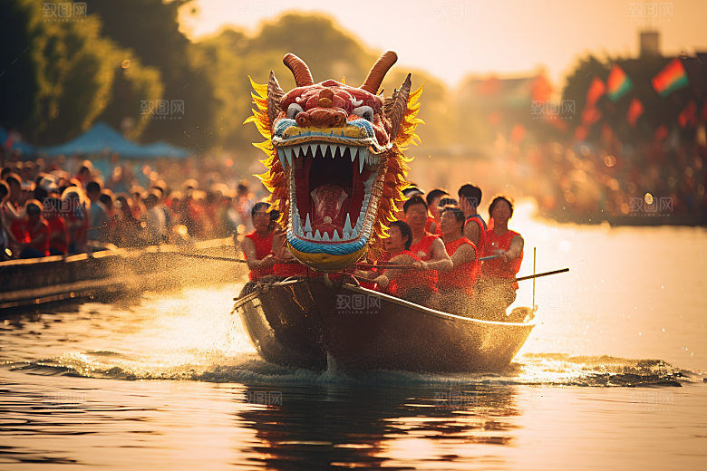 端午划龙舟船队水上运动摄影图