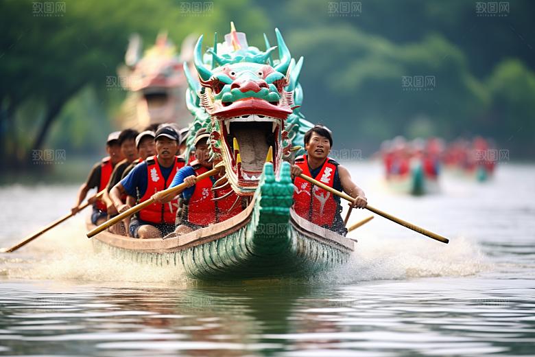 端午划龙舟选手激烈摄影图