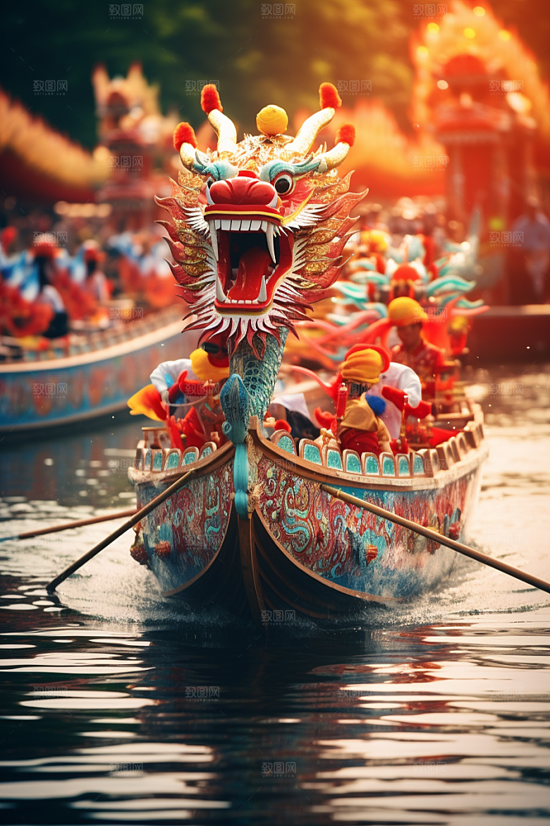 端午划龙舟船队划船摄影图