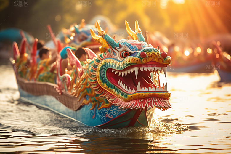 端午划龙舟水上运动激烈摄影图