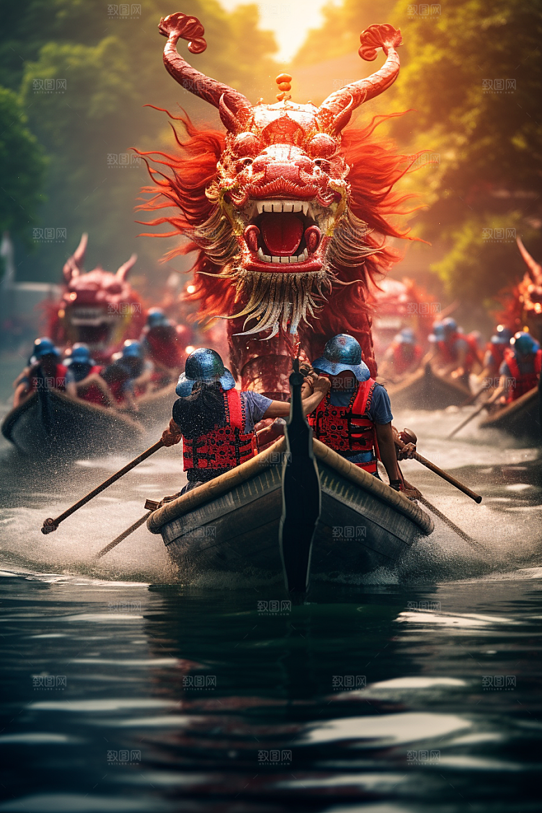 端午划龙舟团体活动激烈摄影图