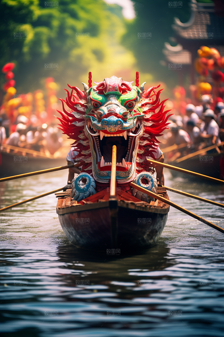端午划龙舟水上运动激烈摄影图