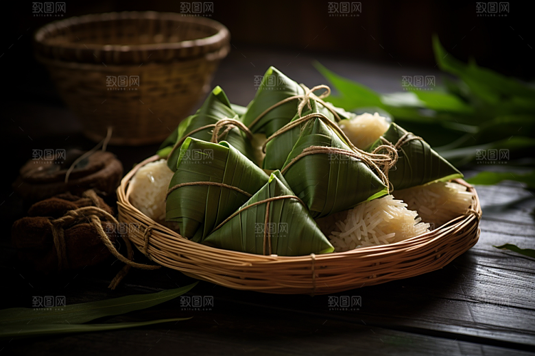 粽子传统美食粽叶摄影图