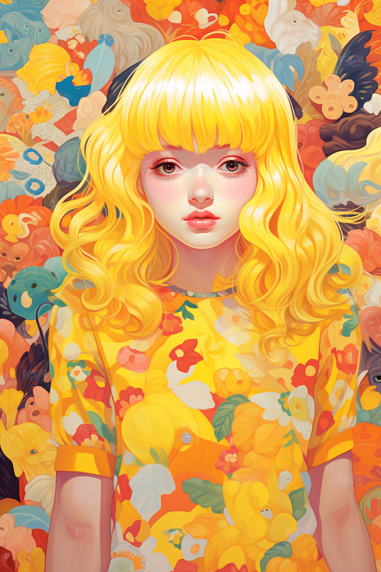 多巴胺女孩五彩斑斓缤纷插画