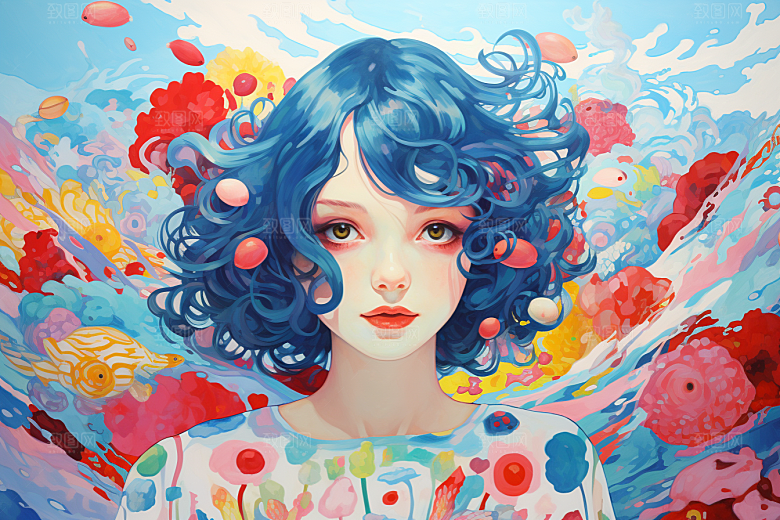 多巴胺女孩五彩斑斓手绘插画