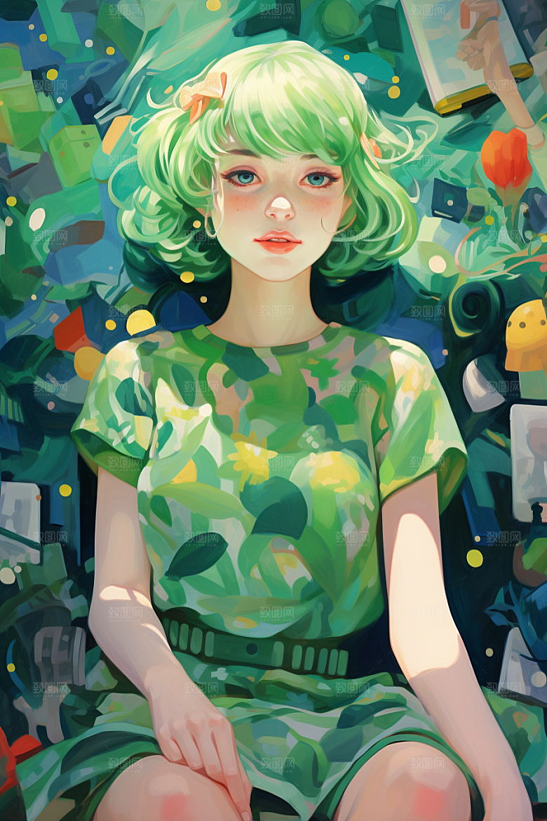 多巴胺女孩彩色形象插画