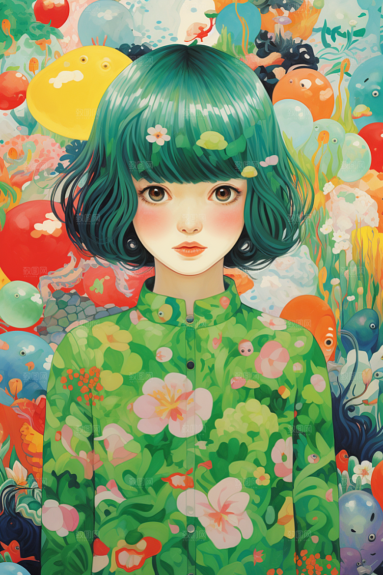 多巴胺女孩少女手绘插画