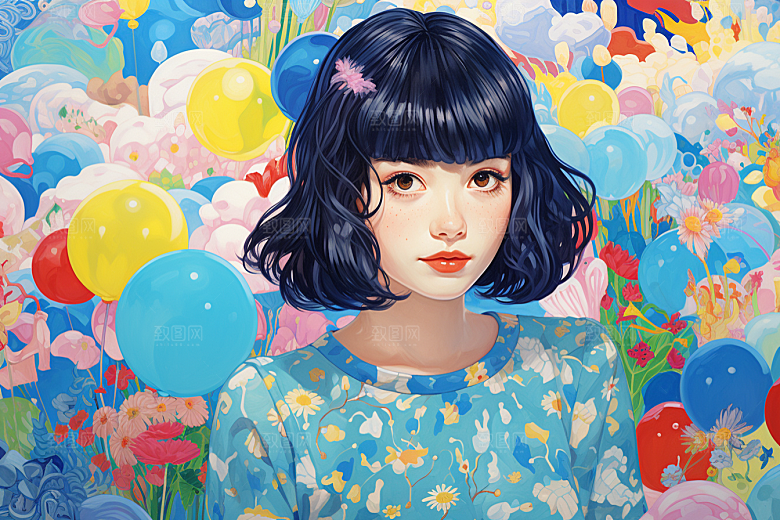多巴胺女孩五彩斑斓缤纷插画