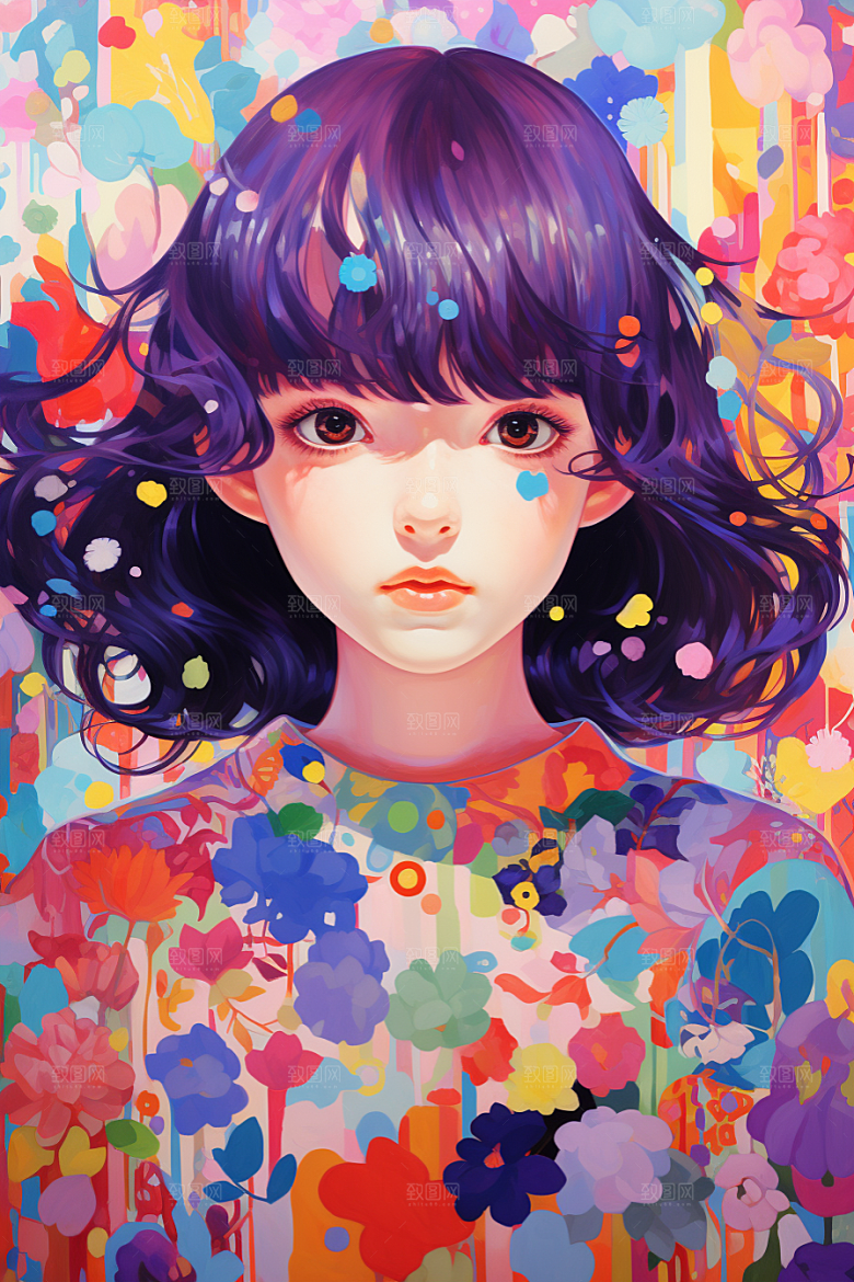 多巴胺女孩形象五彩斑斓插画