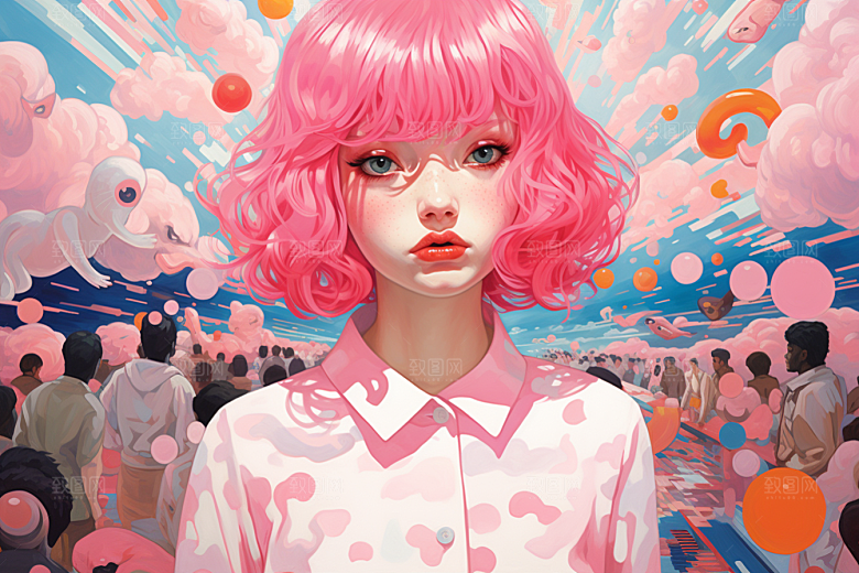 多巴胺女孩五彩斑斓手绘插画