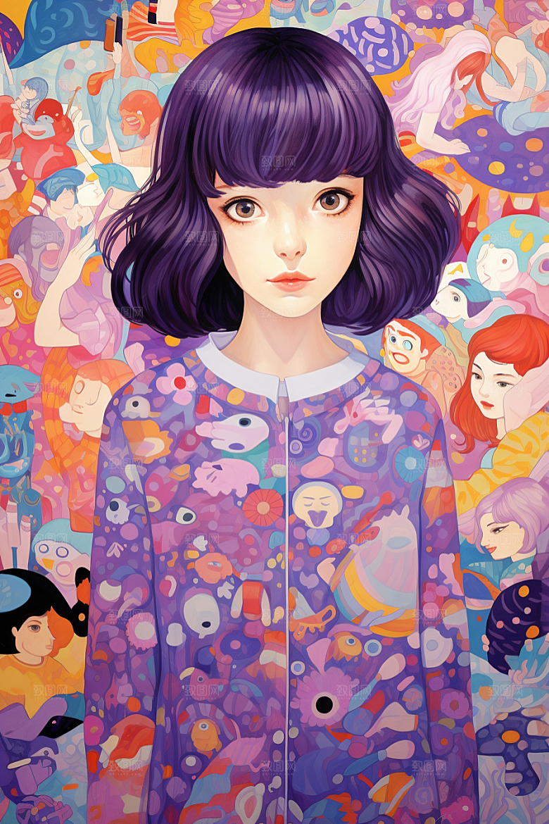 多巴胺女孩缤纷五彩斑斓插画