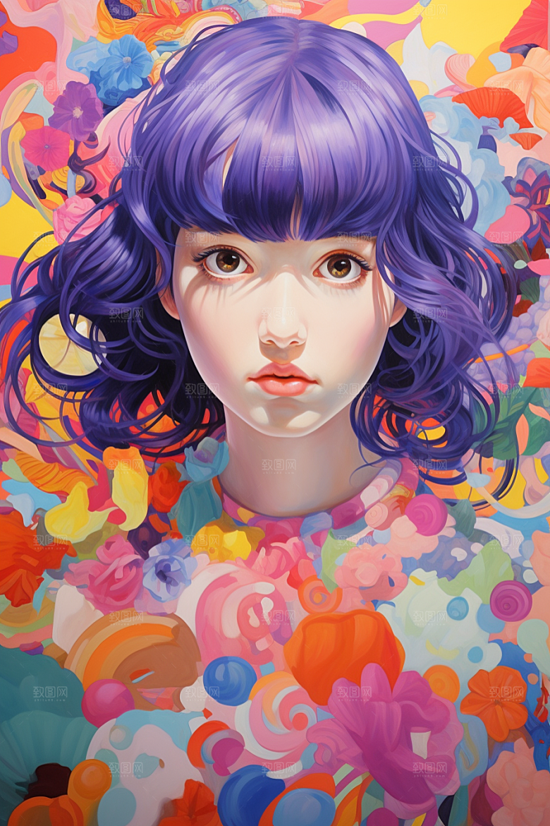 多巴胺女孩缤纷五彩斑斓插画