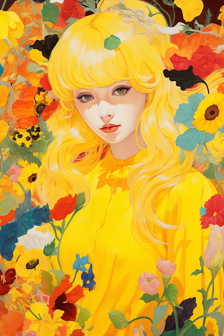 多巴胺女孩缤纷五彩斑斓插画