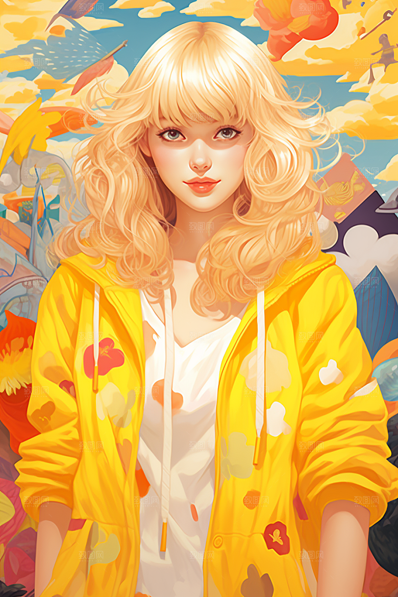 多巴胺女孩艺术感彩色插画