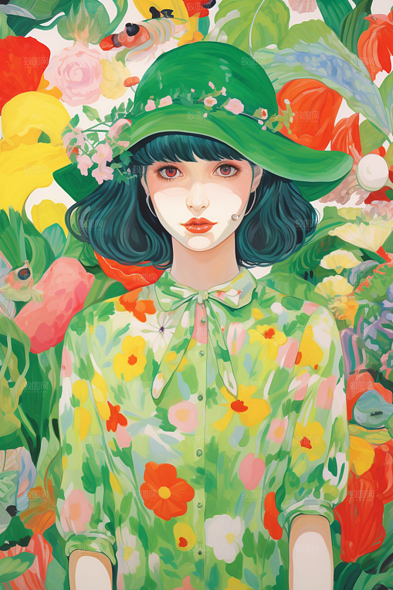 多巴胺女孩五彩斑斓形象插画