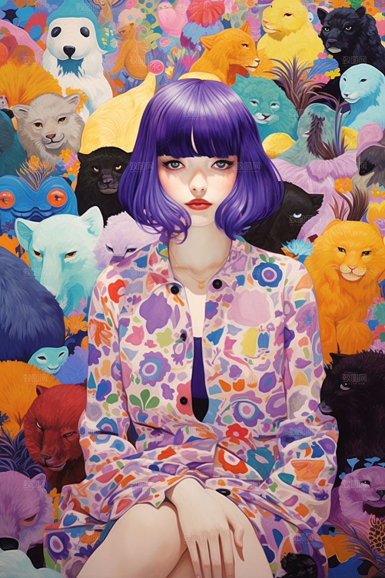 多巴胺女孩艺术感手绘插画