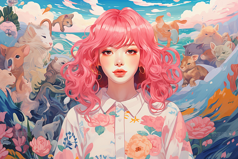 多巴胺女孩少女五彩斑斓插画